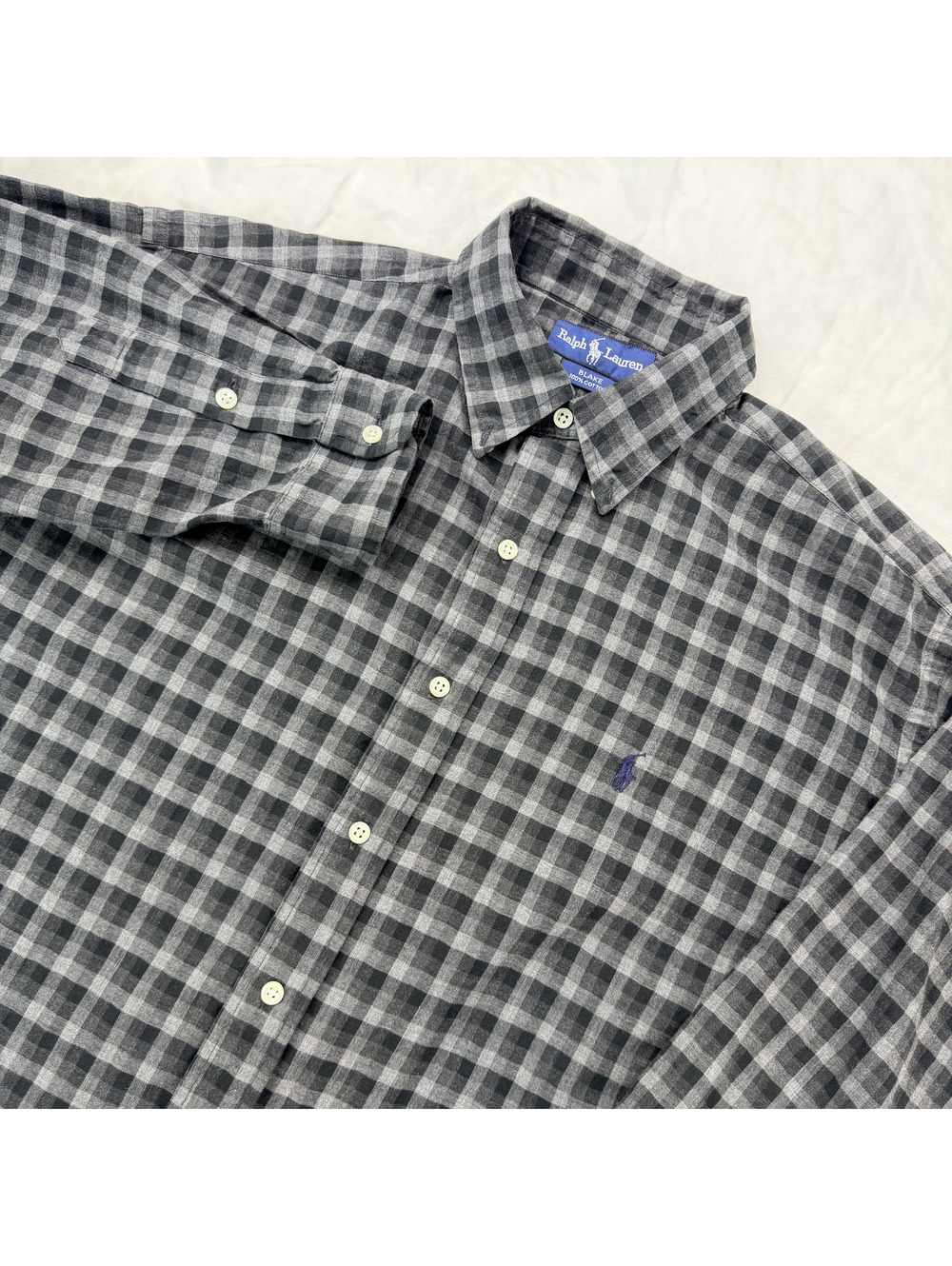 Vintage Ralph Lauren Blake Shirt Mens L Gray Black Plaid Purple Pony Cotton